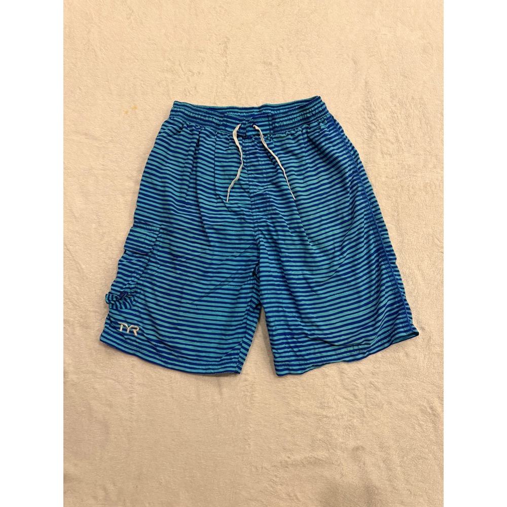 TYR Mens Swim Trunks Blue Striped Cargo Pocket Board Shorts Mesh Lined Medium